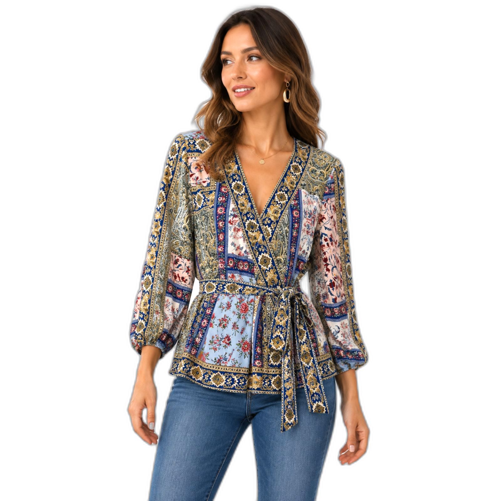 Jm Collection Botanical Dream Multicolor 3/4 Sleeve Faux Wrap Top Womens Medium